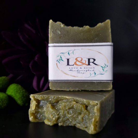 Handcrafted soap bar good for sensitive skin. Fragranced with uplifting scent of eucalyptus. Hemp soap blend for all skin types. 